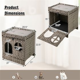 2-Tier Wicker Cat Condo With Litter Mat - Hidden Litter Box Enclosure, Detachable Washable Cushion, Gray Rattan